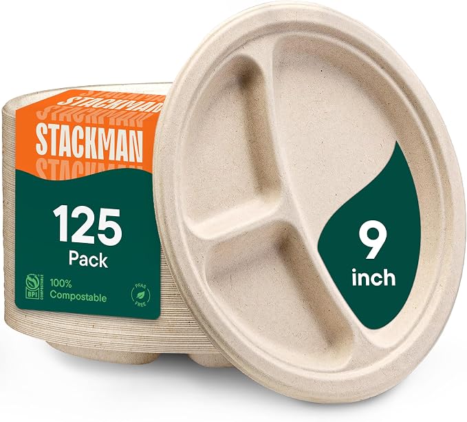 100% Compostable, 3 Compartment, Disposable Paper Plates by StackMan
