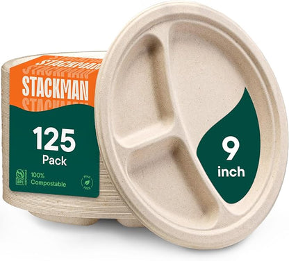 100% Compostable, 3 Compartment, Disposable Paper Plates by StackMan
