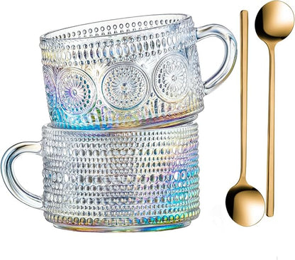 Gezzeny Vintage Glass Coffee Mugs 14 Oz Set of 2 Iridescent Embossed, Tea Cups by Gezzeny