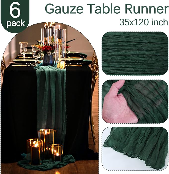 6 Pack Emerald Green Cheesecloth Table Runner 35 x 120 Inch | Boho Gauze Fabric - Image 3