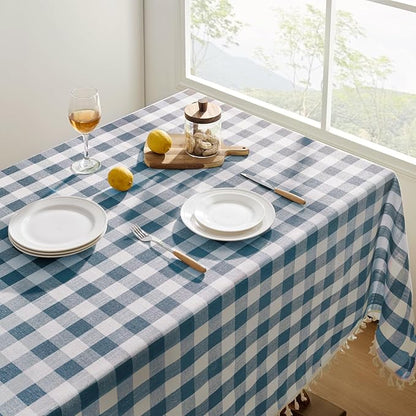 Softalker Checkered Tablecloth Square, Outdoor Linen Cotton Gingham Table Cloth with Tassel, Heavy Duty Wrinkle Free Buffalo Plaid Table Cover for Kitchen Dining Home Party - 55 x 55 Inch, Navy