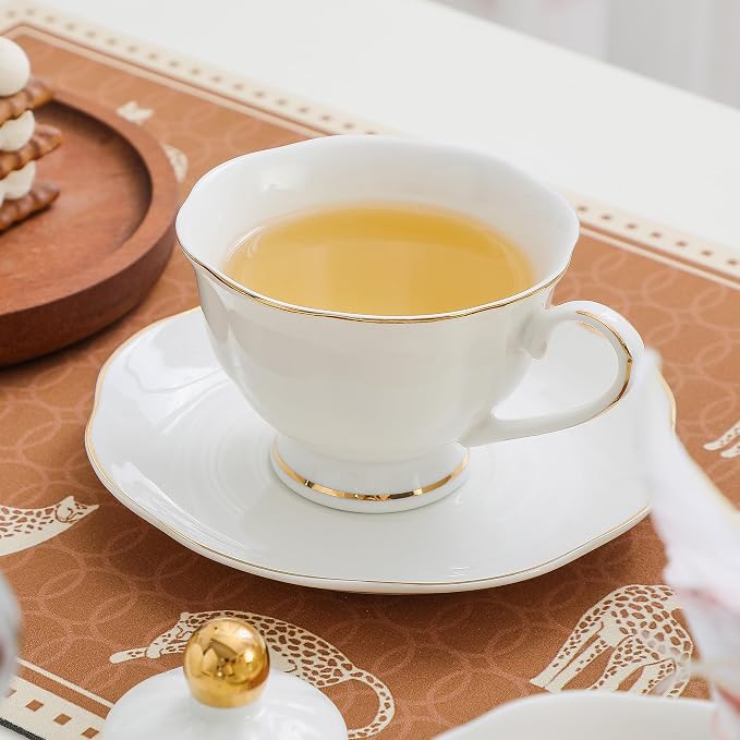 6oz Porcelain Tea Cup & Saucer Set of 6, Party | Elegant white ceramic - Image 5