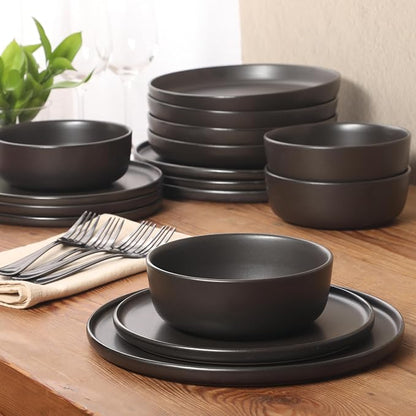 Gibson Elite Bayou Moon Plates and Bowls Sets, 16-Piece Black Matte Stoneware - Image 5