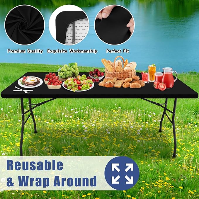 Spandex 6 Foot Rectangle Table Cloth 2 Pack, Elastic Fitted Tablecloths for Picnic, Stretch Washable Patio Table Cover for Outdoor, Camping, Banquet and Parties (Black, 30"x72")