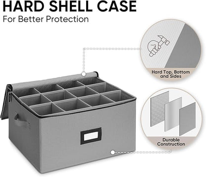 BALEINE China Storage Containers, Sturdy Quilted Wine Glass Storage, Plate Organizer with Carry Handles, Moving Boxes for Dishes, Cups, Mugs and Stemware (Wine Glass, Hard Shell Grey)