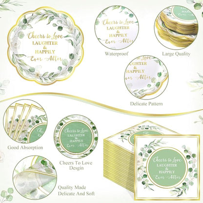 Funnymoom 250 Pcs Cheers to Love Sage Green Gold Eucalyptus Party Plates | - Image 3