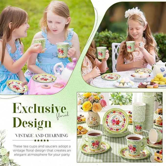 Nuogo 200 Pcs Floral Paper Tea Cups and Saucers 7 oz Disposable Paper Teacups - Image 5
