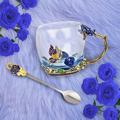 Flower Tea Cup, Butterfly Rose Clear Glass Fancy Coffee Mug - Image 8