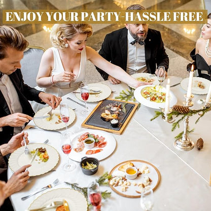 Mifoci 200 Pcs 7.5 Inch Ivory with Gold Rim Plastic Disposable Plates Bulk Salad Dessert Appetizer Cake Plates Elegant Fancy Plastic Tableware for Party Holiday, Wedding, Catering Table Decoration