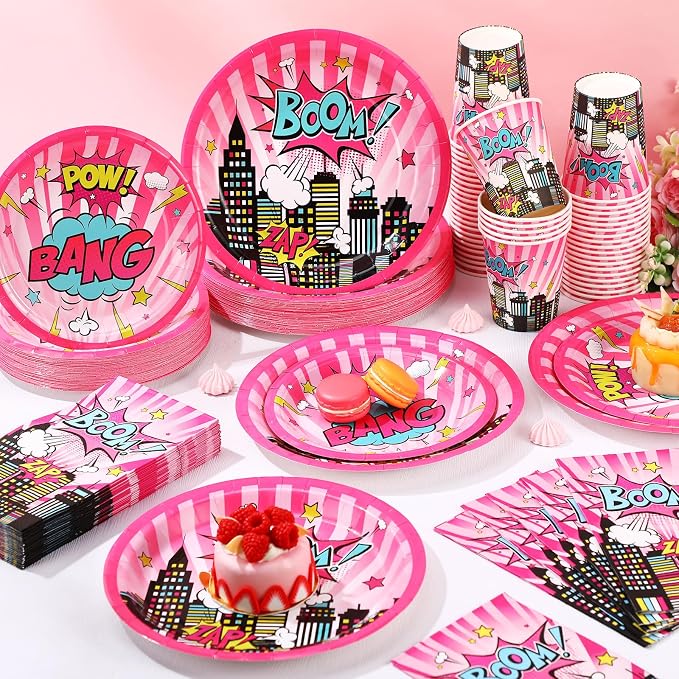 Funnymoom 250 Pcs Girl Hero Birthday Decoration Pink Comic Girl Hero Paper - Image 4