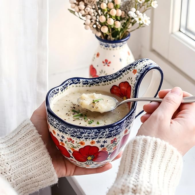 ALMA Soup Bowl With Handle, 16oz Handpainted Floral Soup Mug Microwave Safe | - Image 5