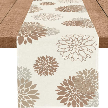 Coffee Brown Dahlia Table Runner Modern Elegant Flower Beige Table Runners by WHOMEAF
