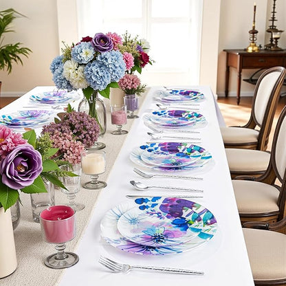 DaYammi 20Pcs Purple Plastic Plates with Watercolor Floral Plates Heavy duty Watercolor floral Plastic Plate 10.25 inch Dinner plates and 7.5 inch Dessert plates for Valentine's Day Party Wedding