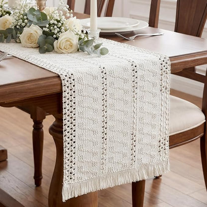 Boho Macrame Table Runner with Tassels 72in White Farmhouse Runner | Macrame by Xiomot
