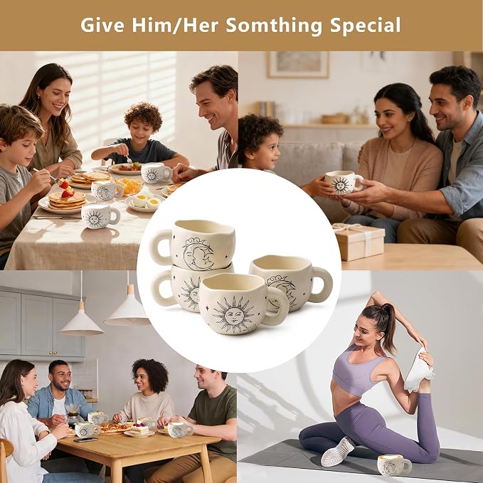 4pcs Boho Style Ceramic Moon and Sun Mugs, 9.4OZ Cute Coffee Cup Set, Matte - Image 8