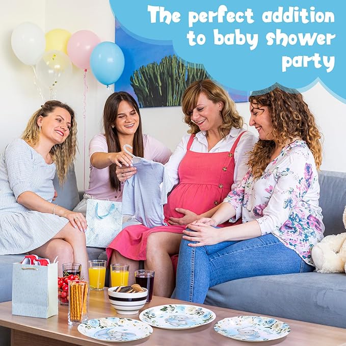 60 Pcs 7 Inch Elephant Baby Shower Paper Plates It's a Boy Shower Decorations Tableware Baby Gender Reveal Plates It's a Boy Party Supplies for Blue Floral Elephant Party