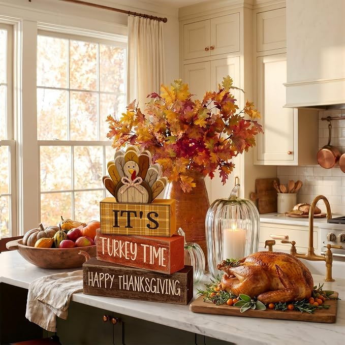 Moucuny 4 Pcs Fall Decorations for Home Wooden Turkey Decor Thanksgiving Tiered - Image 4