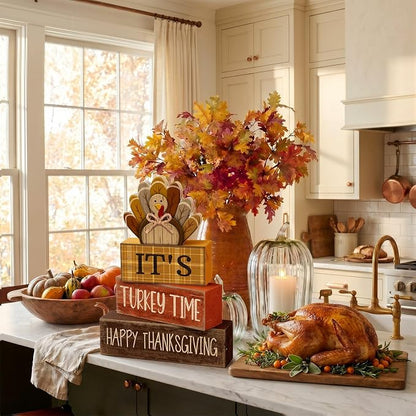 Moucuny 4 Pcs Fall Decorations for Home Wooden Turkey Decor Thanksgiving Tiered - Image 4