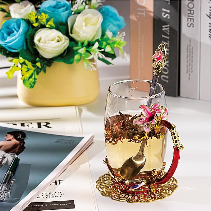 Flower Tea Cup, Lily Flower Clear Glass Fancy Coffee Mug - Image 6