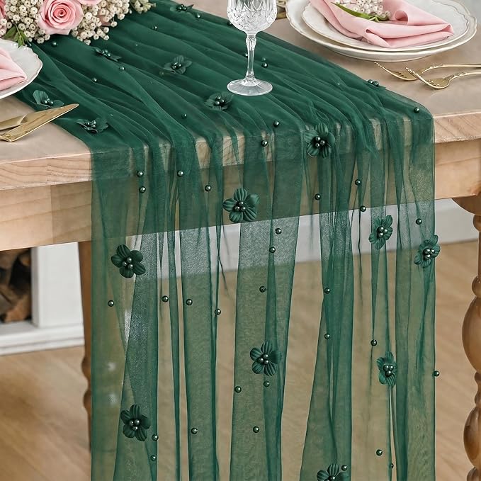 Artoid Mode Green Flower Pearl Green Gauze Table Runner 10FT, Seasonal Sheer by ArtoidMode