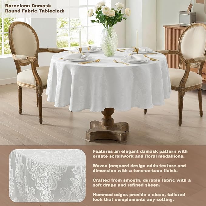 Newbridge Barcelona Luxury Damask Fabric Tablecloth, 108” Round, 100% Polyester - Image 2