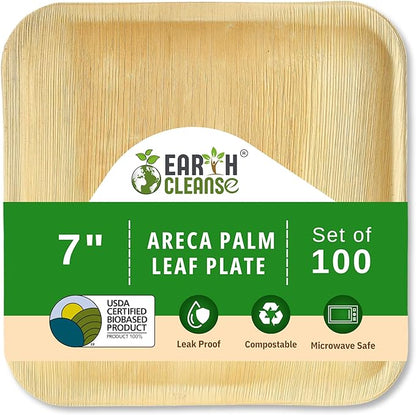 Compostable Palm Leaf Plates 7 Inch Square (100 Pack) | Disposable Biodegradable Plates Like Bamboo & Wooden | Microwave & Oven Safe | Eco-Friendly