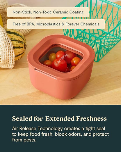 Caraway Mini Square Food Storage Container - 1.75 Cup Glass Storage Container for Food - Non-Toxic Ceramic-Coated Glass - Air Release Technology - Compact & Stackable Design - Mist