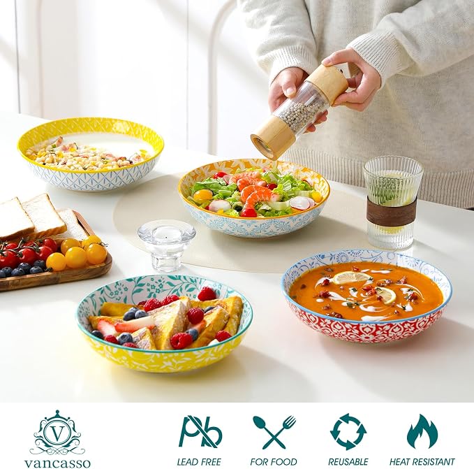 vancasso 8.5" Pasta Bowls Set of 6, 40 oz Porcelain Shallow Salad Bowls - Image 4