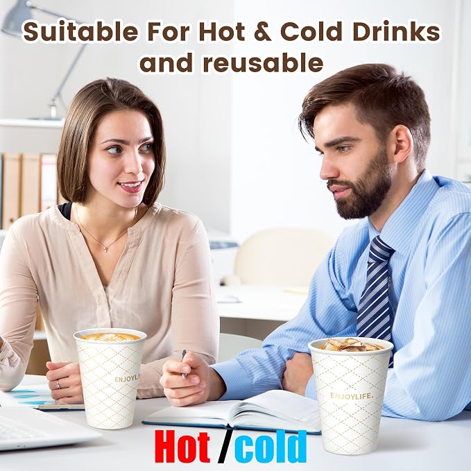 MOUMOULIFE Disposable Paper Coffee Cups 12 oz 100 Count, Leak-Proof Gold Gilded - Image 6