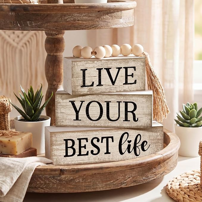 Moucuny 4 Pcs Farmhouse Table Decor Inspirational Wooden Signs Rustic Beaded - Image 5