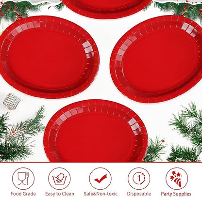 50 Pcs Red Oval Paper Plates 10"x12" Large Red Valentine's Day Plates Disposable Heavy Duty Valentines Day Platter for Chinese New Year Holiday Decorations Daily Dinner Wedding Birthday Party Supplies