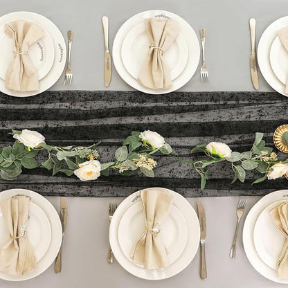 Snowkingdom Black Table Runner, 10FT Sheer Tulle Gauze Metallic Mesh Foil Table - Image 5