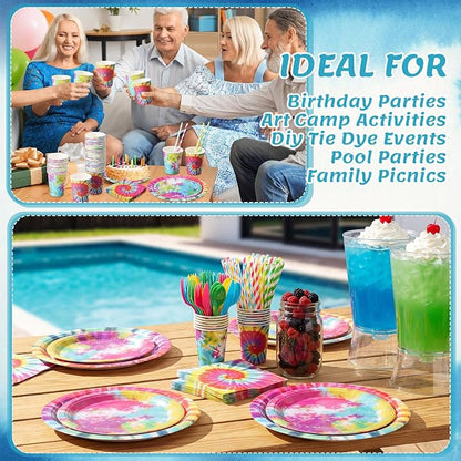 450 Pcs Tie Dye Party Tableware Set Decorations, Serves 50 | Rainbow Birthday - Image 5