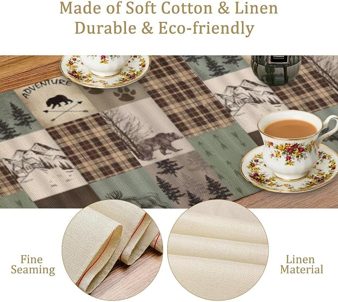 Rustic Moose Deer Bear Table Runner, Retro Vintage Bear Cottage Country Style - Image 5