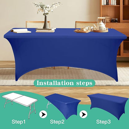 6Pack 8FT Table Cloth for Rectangular Fitted Events Stretch Gemstone Blue Table Covers Washable Spandex Tablecloth Protector for Party, Wedding, Cocktail, Banquet, Festival