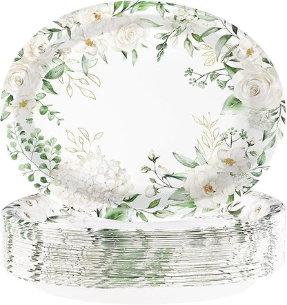 50PCS White Floral Oval Paper Plates 10"X12" Eucalyptus Flower Plates Disposable Heavy Duty Green Leaves White Flowers Tablewre Spring Blossom Flowers Dinnerware for Wedding Birthday Bridal Shower