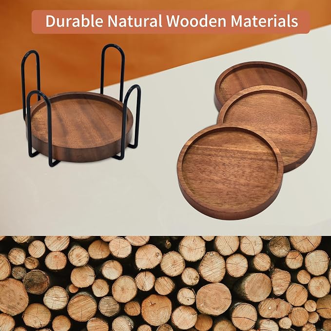 Wood Drink Coasters with Holder, Natural Absorbent Wooden Coasters - Image 9