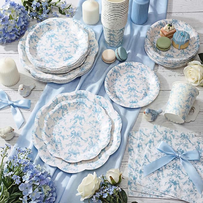 Pickmesh 252 Pcs Blue Bow Floral Tea Party Supplies - Image 2
