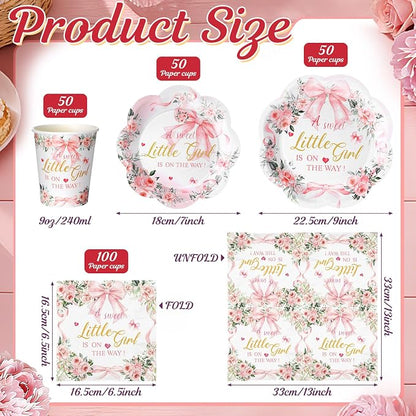 250 Pcs a Sweet Little Girl Is on The Way Baby Shower Plates Napkins | Pink Bow - Image 4