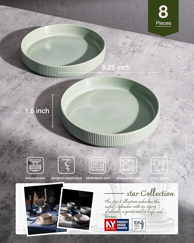 famiware Star 8.25" Pasta Bowls Set of 8, Bowl Plates, Light Green | Microwave - Image 2