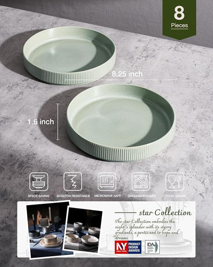famiware Star 8.25" Pasta Bowls Set of 8, Bowl Plates, Light Green | Microwave - Image 2