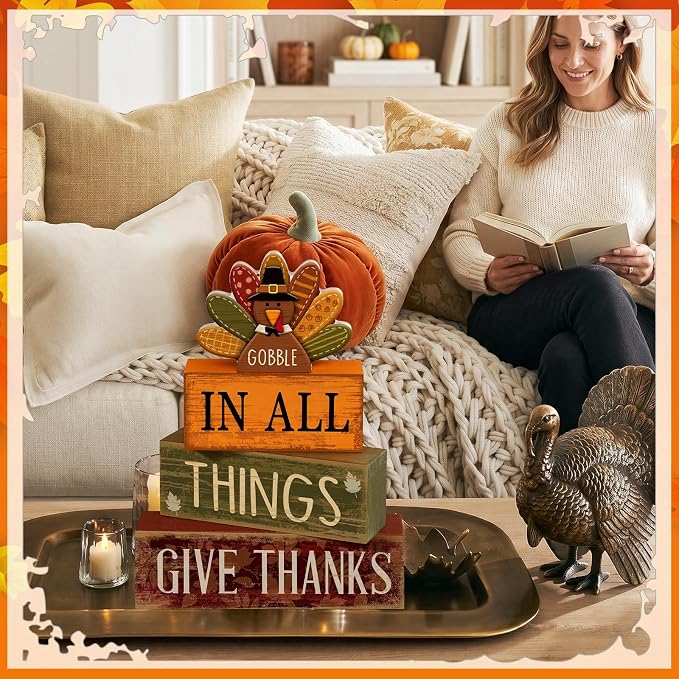 Moucuny 4 Pcs Fall Decorations for Home Wooden Turkey Decor Thanksgiving Tiered - Image 4