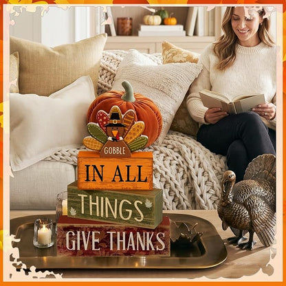 Moucuny 4 Pcs Fall Decorations for Home Wooden Turkey Decor Thanksgiving Tiered - Image 4