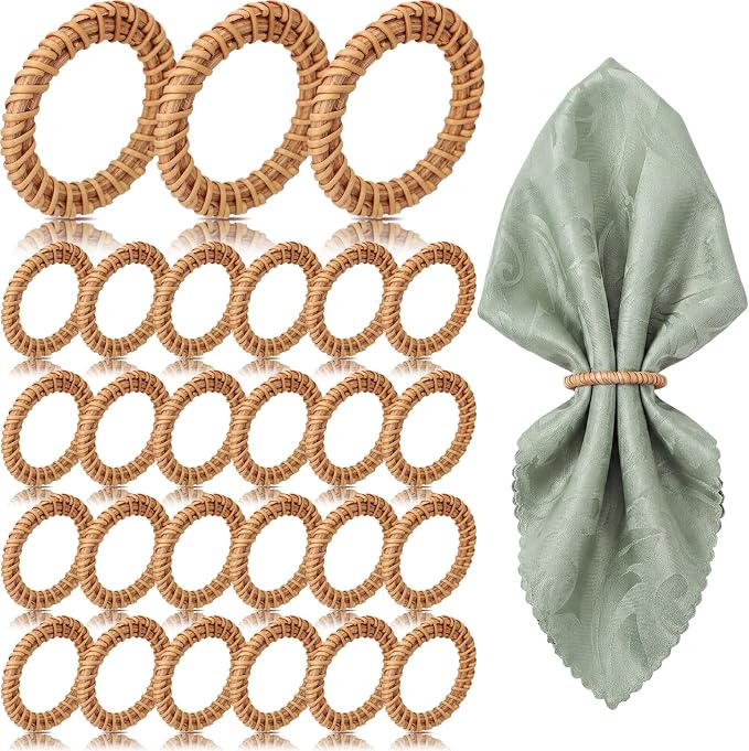 50 Pcs Boho Woven Rattan Napkin Rings Bulk Rustic Style Round Dining Table by Ferrochef