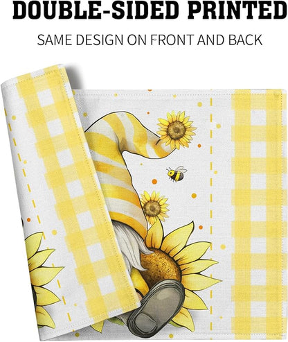 Summer Gnome Sunflowers Placemats Set of 4, Honey Butterfly Yellow White Buffalo Check Plaid Dining Table Place Mats 12 x 18 Inch Summer Seasonal Farmhouse Kitchen Home Decor