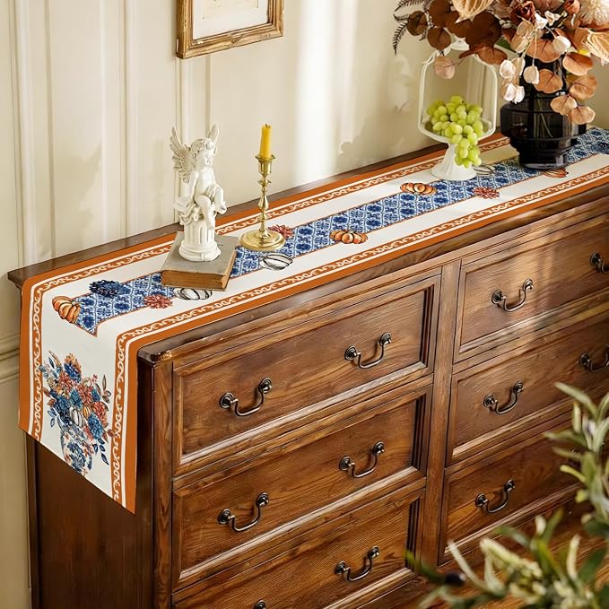 Fall Floral Chinoiserie Pumpkin Table Runner Rustic Burlap Table Runners - Image 7