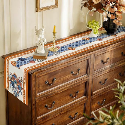 Fall Floral Chinoiserie Pumpkin Table Runner Rustic Burlap Table Runners - Image 7