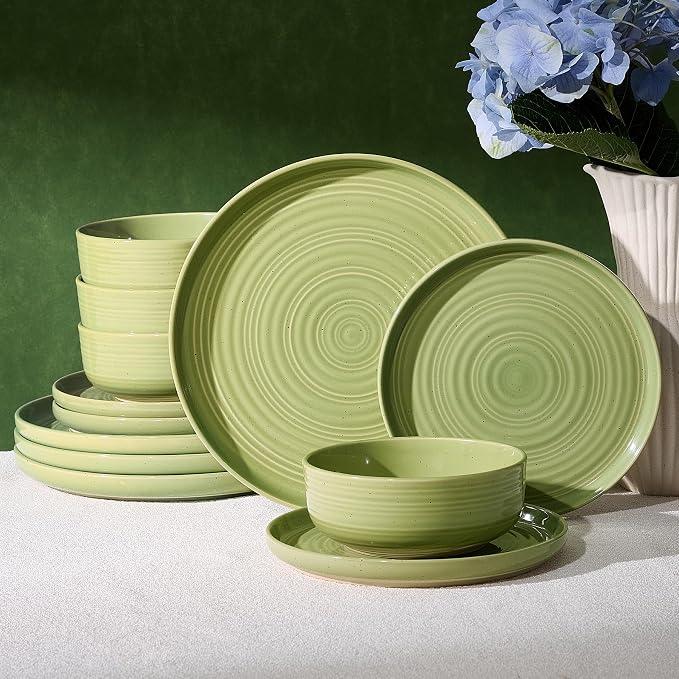 Dinnerware Sets for 4, Ceramic Plates & Bowls, Olive Green | 12-Piece Ceramic by FamiwarePremium