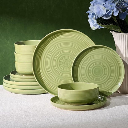 Dinnerware Sets for 4, Ceramic Plates & Bowls, Olive Green | 12-Piece Ceramic by FamiwarePremium