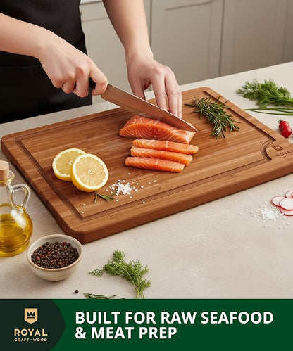 ROYAL CRAFT WOOD Wooden Cutting Boards for Kitchen Meal Prep & Serving - Bamboo Wood Serving Board Set with Deep Juice Groove Side Handles - Charcuterie & Chopping Butcher Block for Meat (3 Pcs)